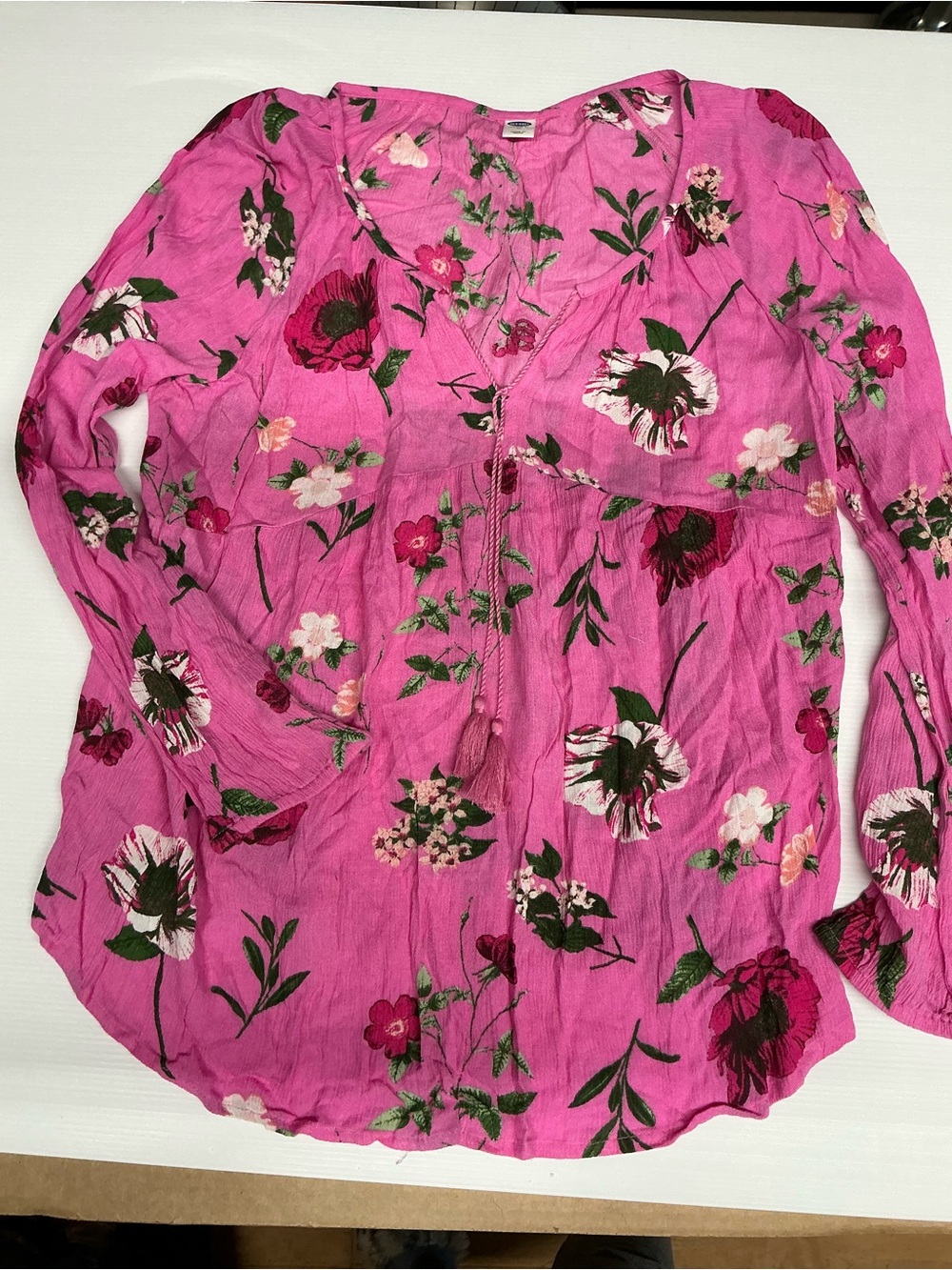 Old Navy Pink Floral V-Neck Peasant Blouse